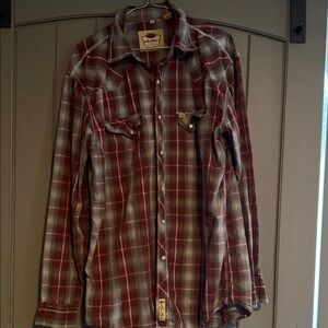 Larry Mahan Red and Gray Plaid Button-Down Pearl snap Shirt, size XL